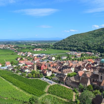 Vue aérienne du village de Kaysersberg en Alsace avec maisons traditionnelles, clocher, entouré de vignobles verts et collines boisées.