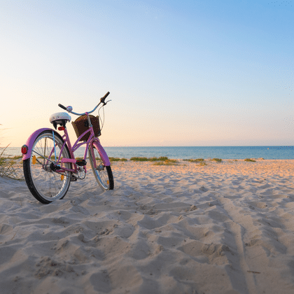 Vélo violet avec panier garé sur plage de sable de la mer Baltique au coucher du soleil, avec herbe de dune et eau bleue calme.