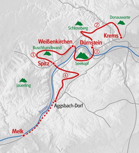 Itinéraire du séjour de randonnée dans la Wachau vendu par Espace Randonnée