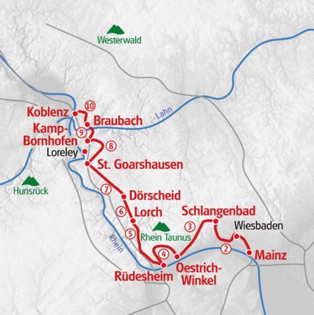 Itinéraire du séjour de randonnée sur le Rheinsteig vendu par Espace Randonnée