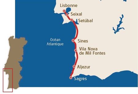 Itinéraire du circuit à vélo clé en main vendu par Espace Randonnée, la côte ouest du portugal
