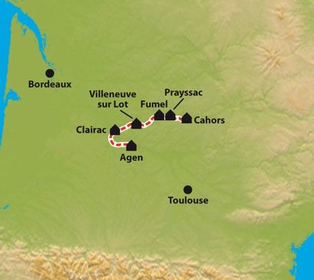 Carte de l'itinéraire du séjour à vélo dans la Vallée du Lot vendu par Espace Randonnée