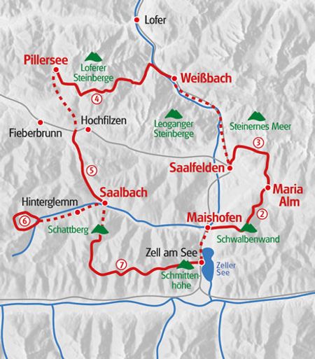 Carte de l'itinéraire de la randonnée des sommets salzbourgeois 