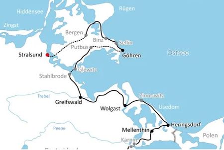 Itinéraire du séjour à vélo en Allemagne entre Stralsund et Ueckermünd vendu par Espace Randonnée