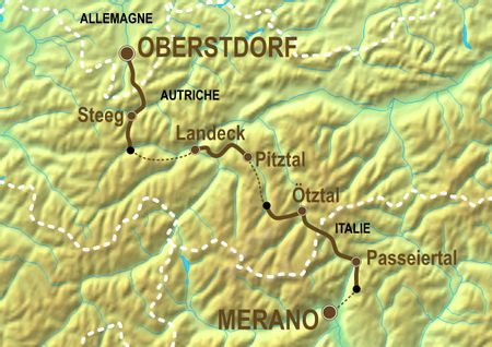 Itinéraire du séjour de randonnée sur l'E5, la traversée des Alpes d'Oberstdorf à Merano, vendu par Espace Randonnée