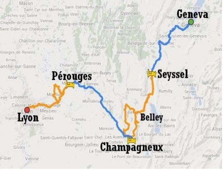 Itinéraire du séjour à vélo de Genève à Lyon vendu par Espace Randonnée
