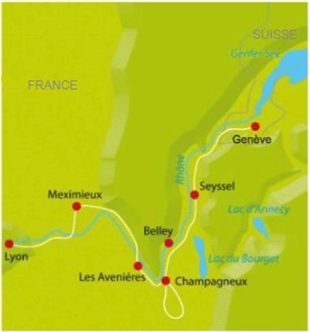 Itinéraire du séjour à vélo sur la ViaRhôna1 de Genève à Lyon