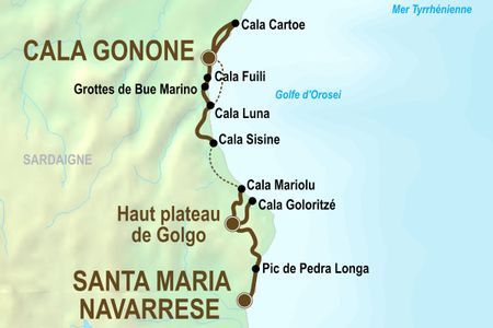 Itinéraire du séjour de randonnée sur la côte Est de la Sardaigne
