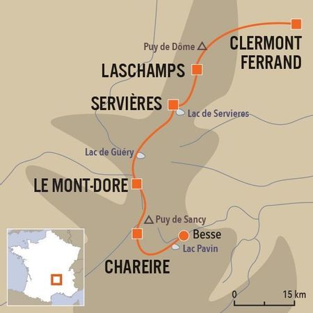 Carte de l'itinéraire de la randonnée clé en main au cœur des Volcans d'Auvergne vendue par Espace Randonnée