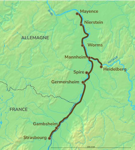 Itinéraire du séjour en bateau et vélo sur le Rhin de Strasbourg à Mainz vendu par Espace Randonnée