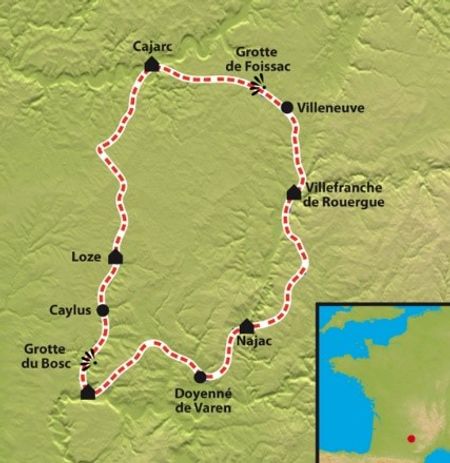 Carte de l'itinéraire du séjour à vélo clé en main Les Gorges de l'Aveyron vendu par Espace Randonnée