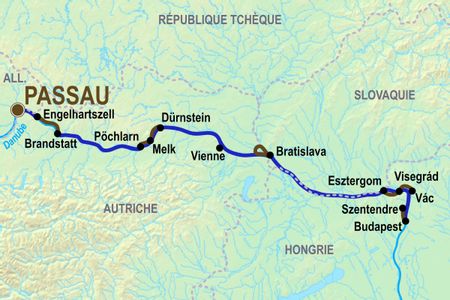 Itinéraire du séjour en bateau&vélo Passau-Budapest à bord du MS Manon vendu par Espace Randonnée