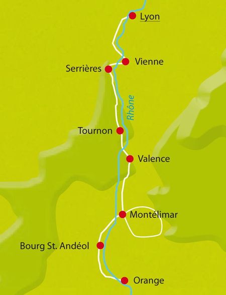Itinéraire du séjour vélo sur la ViaRhôna de Lyon à Orange vendu par Espace Randonnée