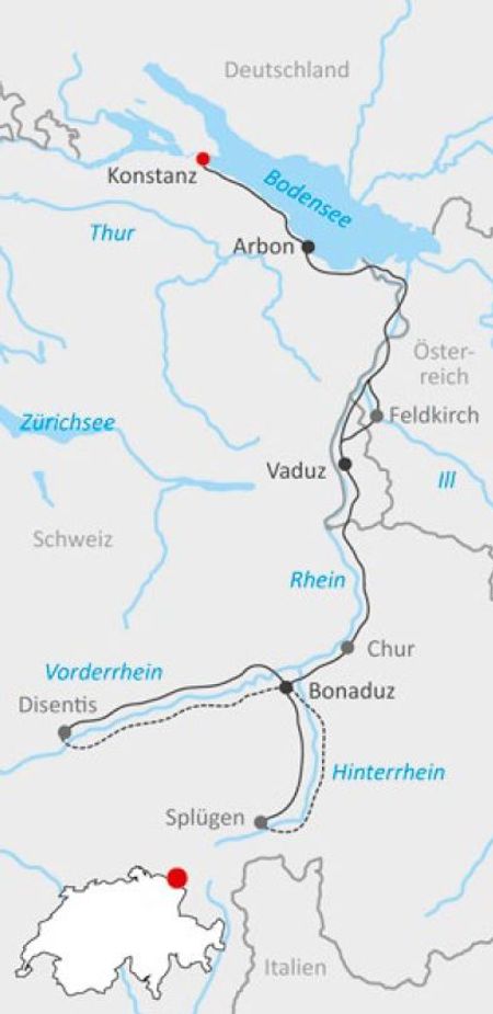 Itinéraire du séjour à vélo le long du Rhin Alpin vendu par Espace Randonnée