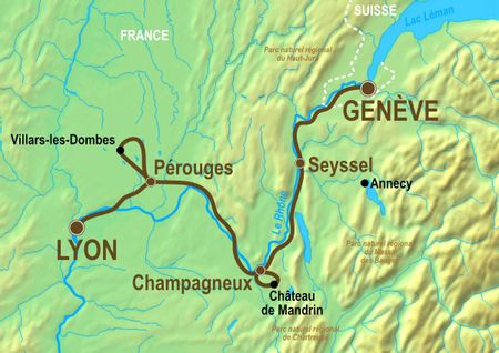 Itinéraire du séjour à vélo de Genève à Lyon sur la ViaRhôna vendu par l'agence de cyclotourisme Espace Randonnée
