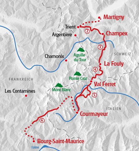 Carte de l'itinéraire du séjour de randonnée dans le Mont Blanc