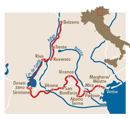 Itinéraire du séjour à vélo Bolzano-Venise vendu par Espace Randonnée