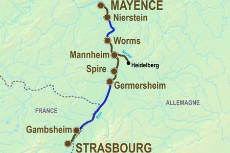 Itinéraire du séjour en bateau&vélo de Strasbourg à Mayence vendu par Espace Randonnée