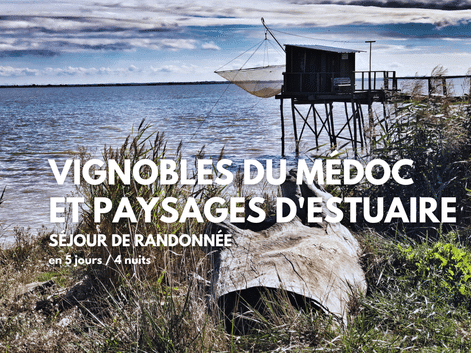 Cabane de pêche en bois sur pilotis avec filet de pêche au bord de l'estuaire du Médoc. Roseaux au premier plan, eau calme et ciel nuageux.