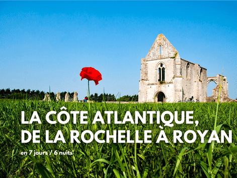 Ruines en pierre d'une ancienne église avec fenêtres gothiques dans un champ vert avec coquelicots rouges sous ciel bleu sur la côte atlantique.