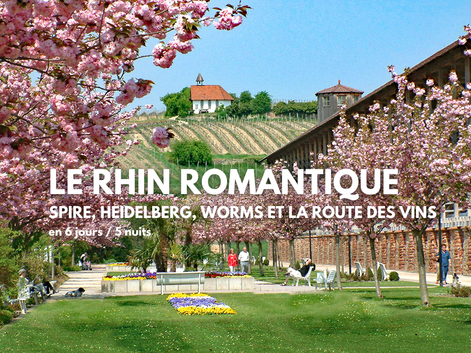 Parc avec cerisiers roses encadrant une pelouse verte avec parterres de fleurs. Des gens se promènent sous une pergola. Vignoble en pente et bâtiments derrière.