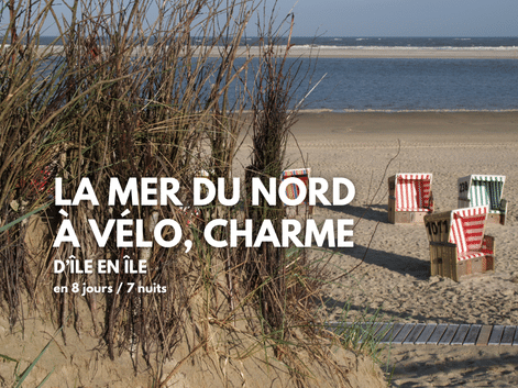 Trois chaises de plage rayées sur une plage de sable de la mer du Nord avec herbe de dune au premier plan et eau calme avec bancs de sable.
