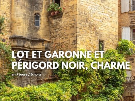 Bâtiment historique en pierre dorée avec murs couverts de lierre en Lot-et-Garonne et Périgord Noir, avec fenêtres cintrées et verdure.
