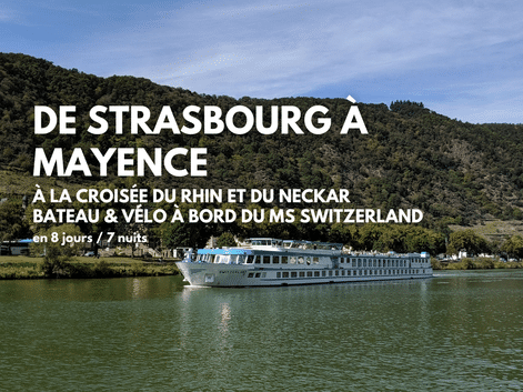 Bateau de croisière MS Switzerland naviguant sur le Rhin avec des collines boisées vertes en arrière-plan sous un ciel bleu.