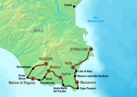 Itinéraire du séjour à vélo en Sicile de Raguse à Syracuse vendu par Espace Randonnée