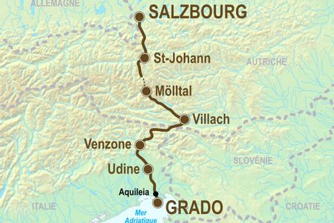Itinéraire du séjour à vélo itinérant sur la ciclovia Alpe Adria vendu par Espace Randonnée