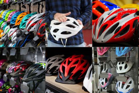 montage photos montrant des casques vélo dans des rayons de magasin