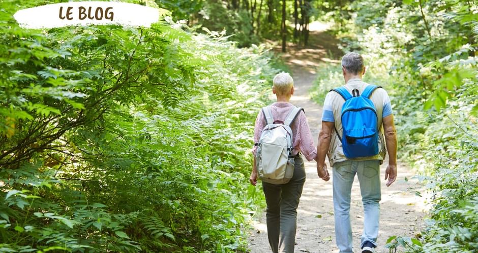 Couple de marcheurs de dos, marchant sur un sentier dans un bois